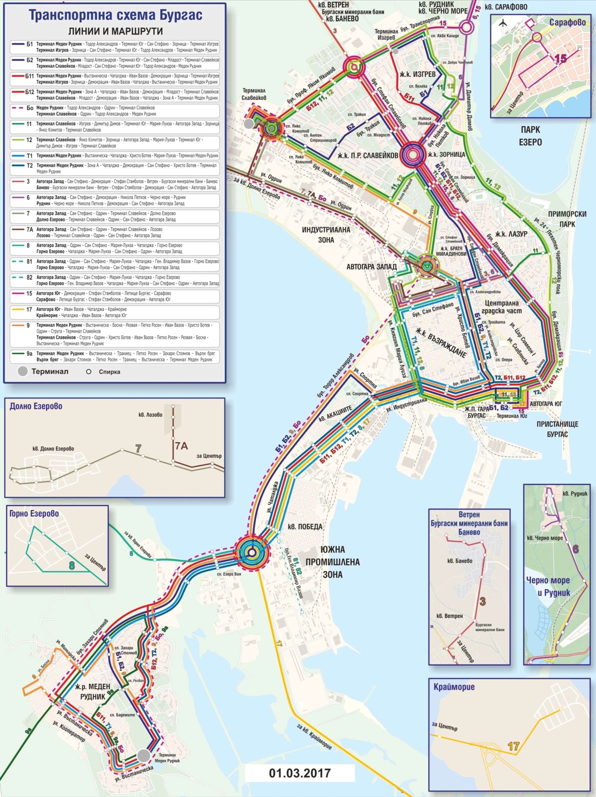 mapa publicznego transportu miejskiego w Burgas
